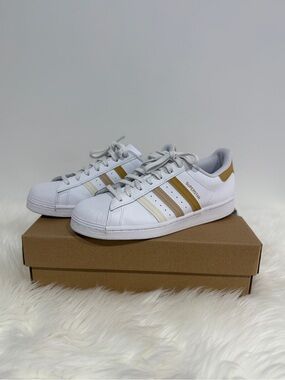 adidas Superstar White Sneakers with Gold and Cream Stripes Women’s Sneakers